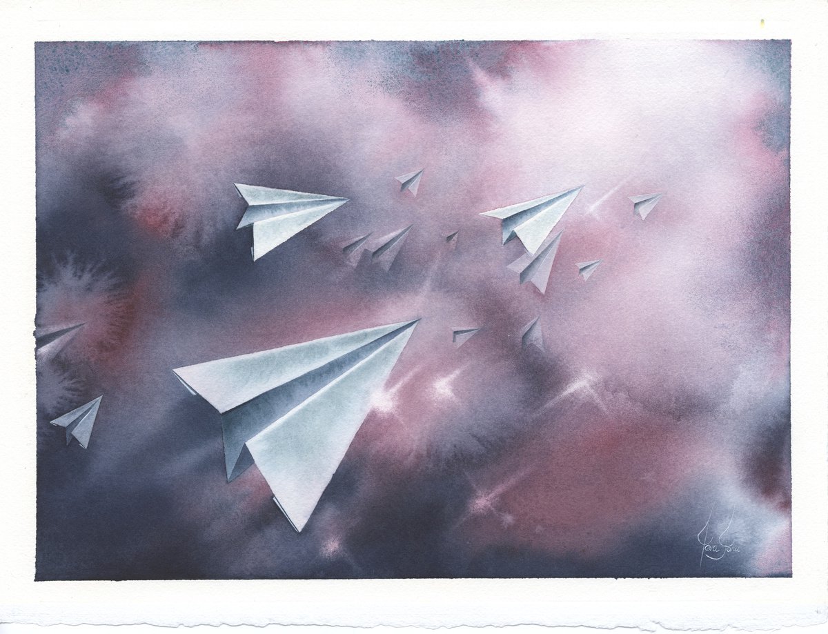Promises III - Paper Plane Watercolor by ieva Janu
