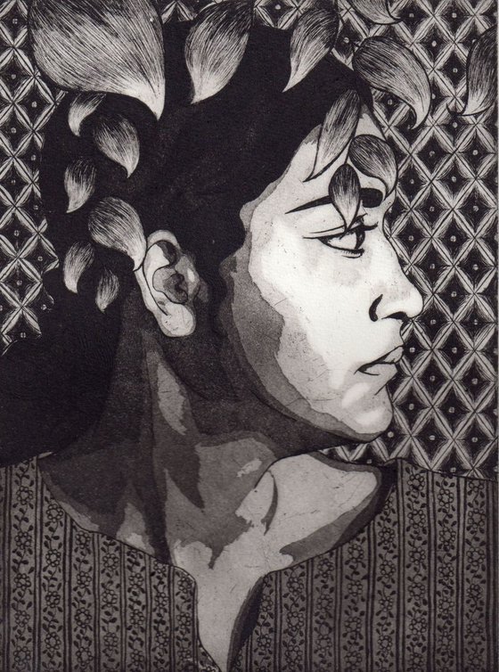 Portrait etching of a lady , black and white full of texture and pattern
