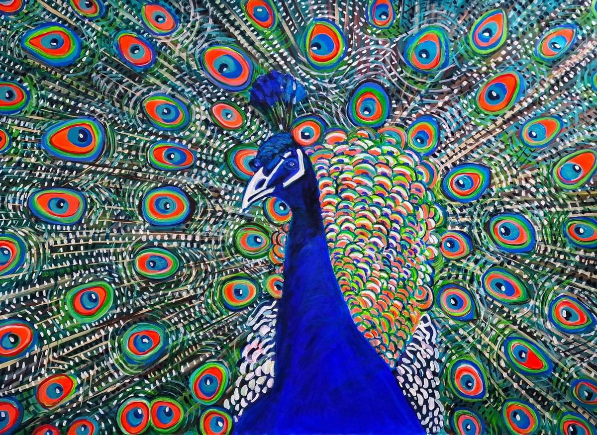 Organic Animal Acrylic Painting By Alexandra Djokic, 40 X 28, Peacock, Original Artwork