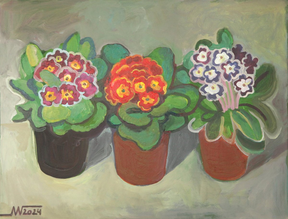 Botanical Acrylic Painting By Marina Gorkaeva, 20 X 16", Primulas, Original Artwork