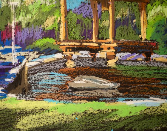 Pagoda. Japanese garden. Sunny urban natural impressionistic landscape. Medium size oil pastel impressionistic interior painting travel decor Spain Madrid