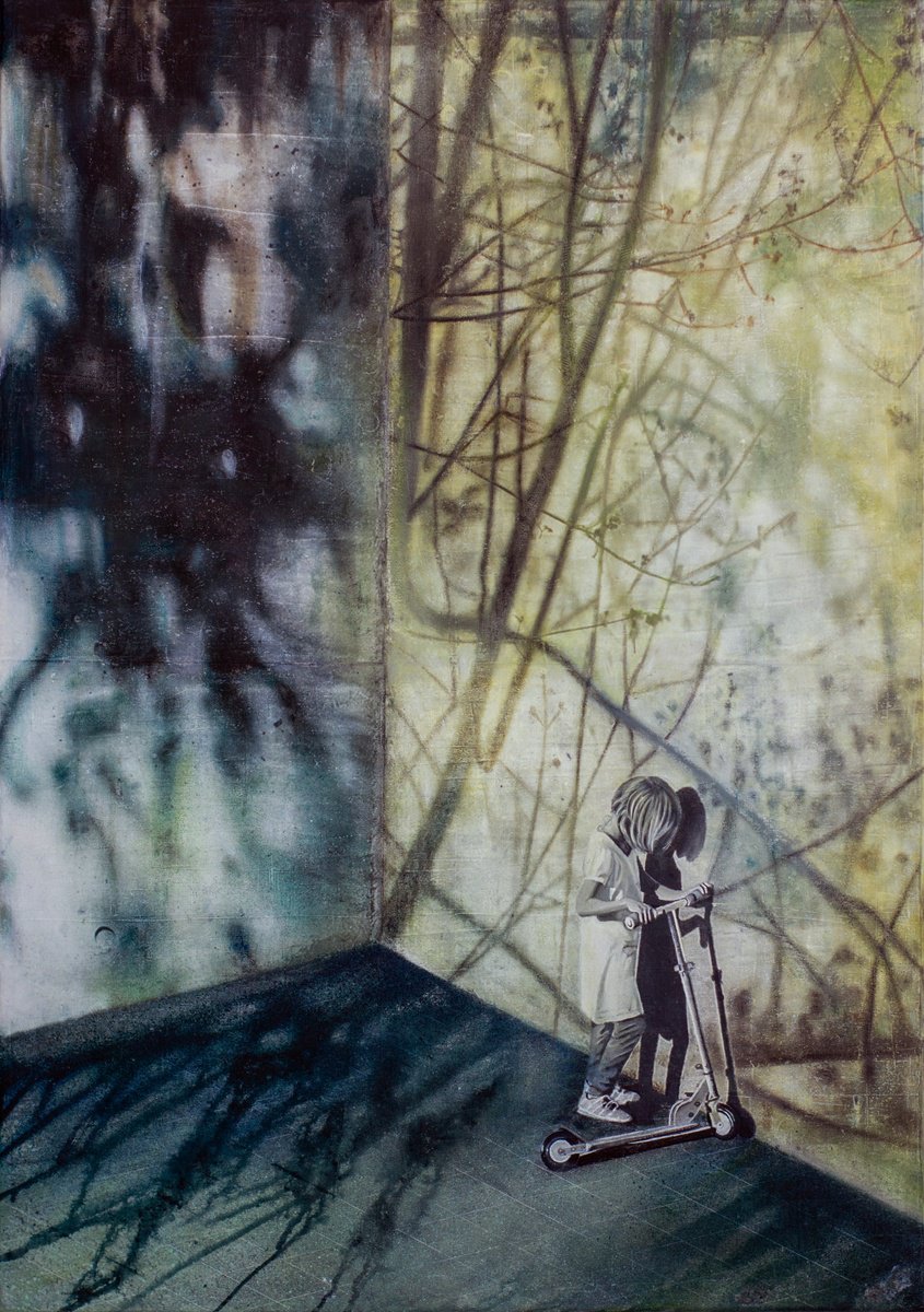 Surrealistic Cityscapes Painting By Db Waterman, 28 X 39, Talk To The Wall, Original Artwork