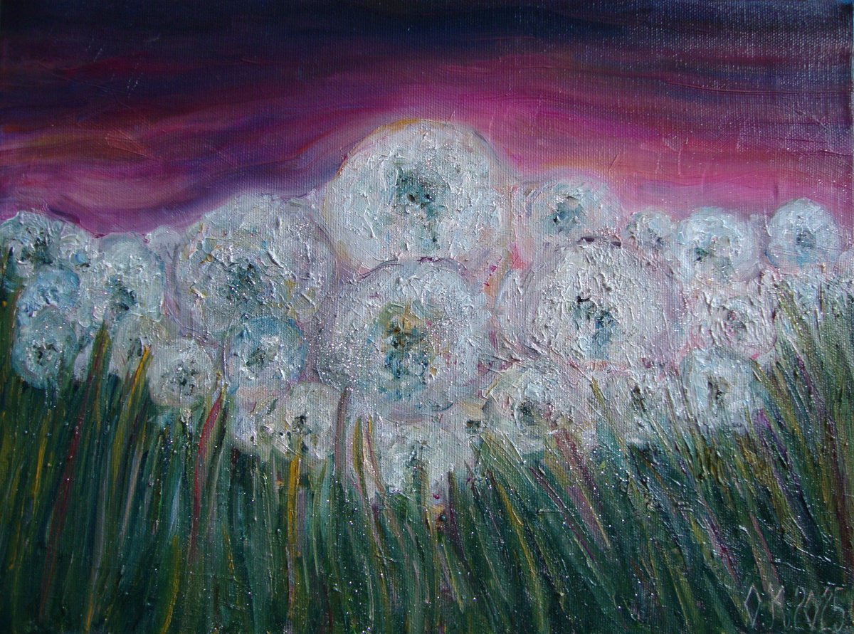 Abstract Botanical Oil Painting By Olga Knezevic, 16 X 12", Field Of Dandelions, Original Artwork