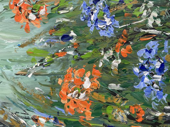 Oranje Blauwe Bloemen in Abstractie - Triptych