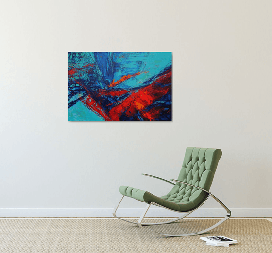 Large Abstract Blue Turquoise Red Landscape Painting. Modern Textured Art. Abstract. 61x91cm.