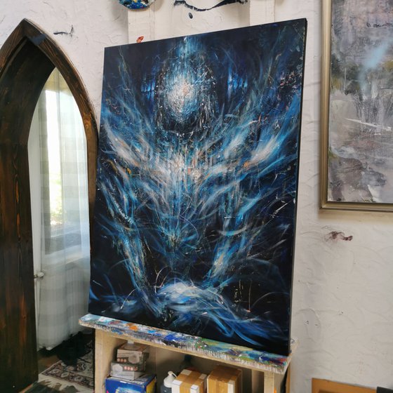 Large XXL enigmatic metaphysical dark blue abstract angel composition by master KLOSKA