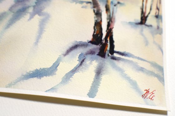 Birches in winter, watercolor forest landscape, snow and trees