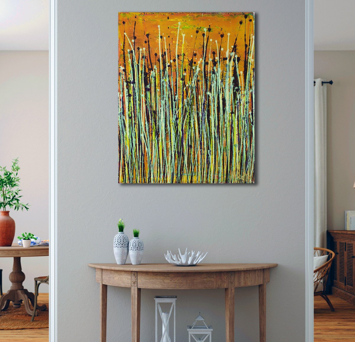 Abstract Acrylic Painting By Nestor Toro, 16 X 20", Hazel Sky (Glowing Grass), Original Artwork