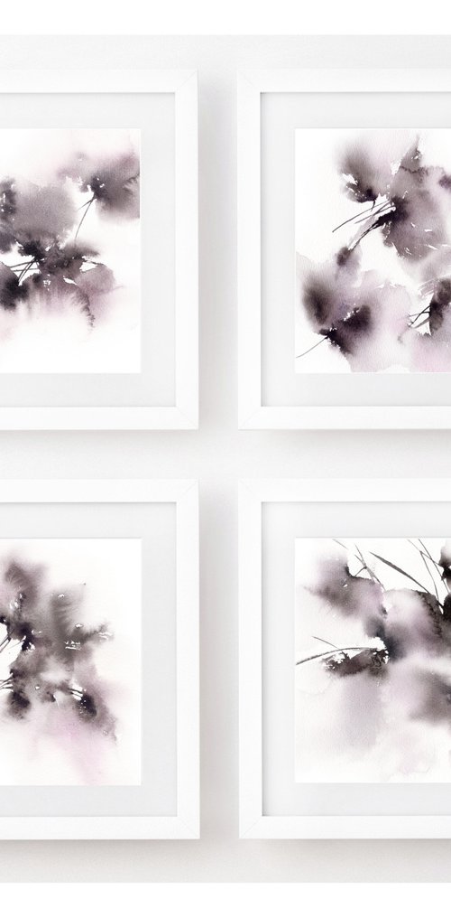 Black abstract flowers painting set, set of 4 monochrome drawings "Summer rain" by Olga Grigo