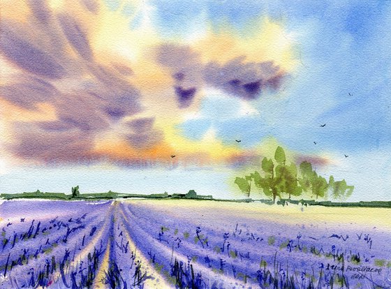 Lavender field original watercolor painting with Provance landscape, lavender flowers art