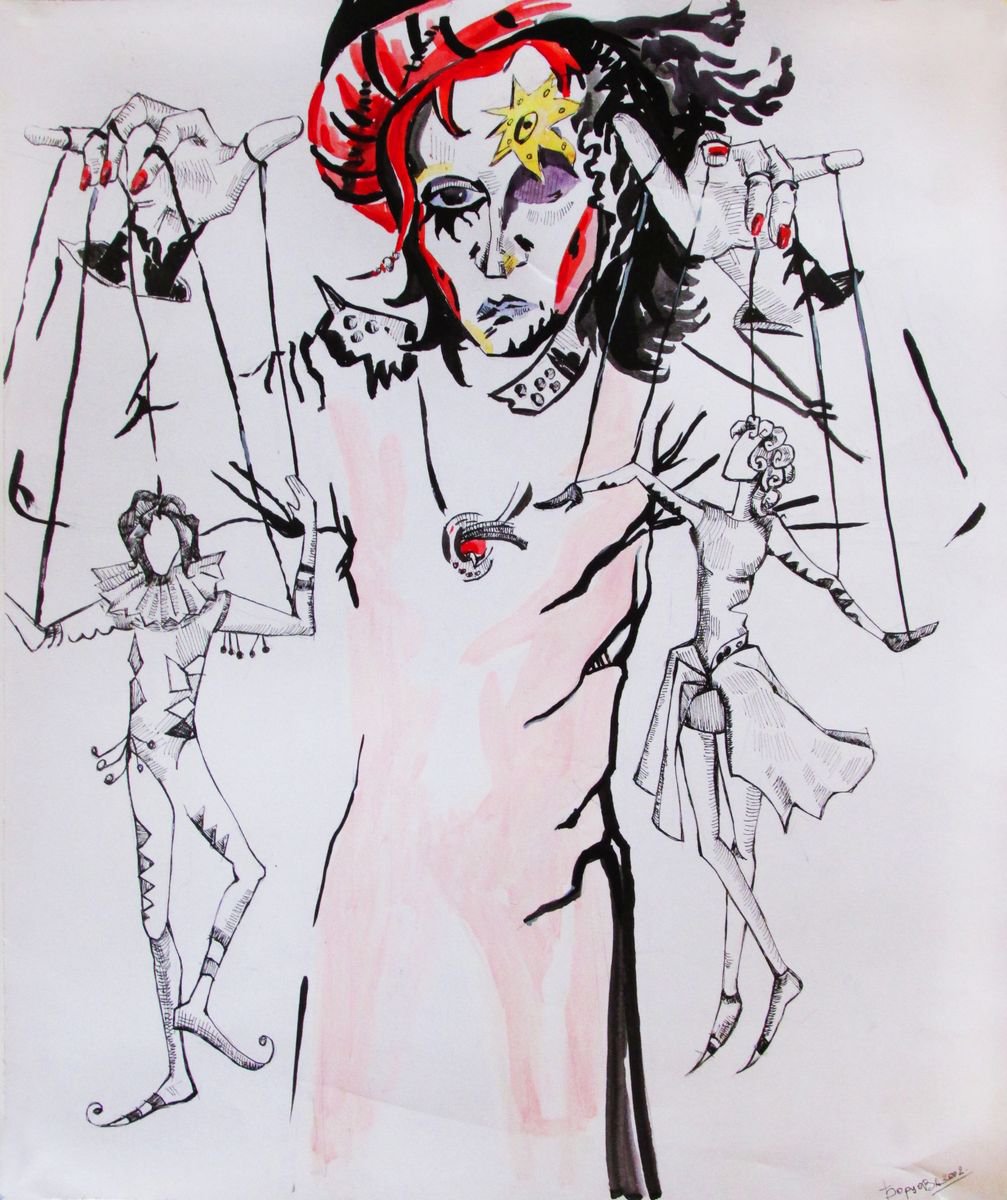 Graphic Portrait Ink Drawing By Kateryna Bortsova, 20 X 24", Original Drawing Puppeteer, Original Artwork