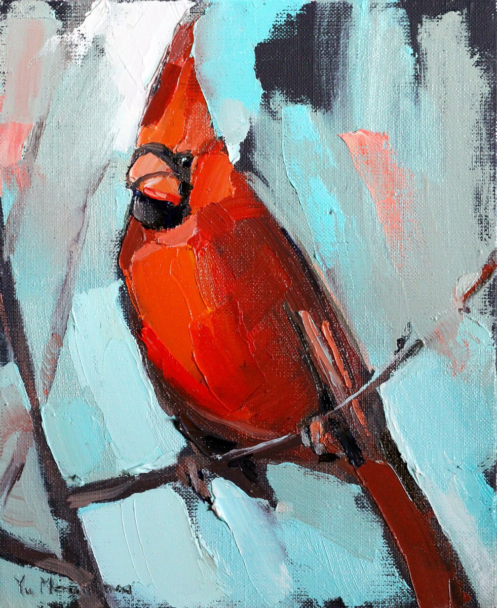 Cardinal - Bird - Oil painting by Yuliia Meniailova