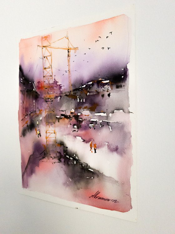 Construction site. Original watercolor painting