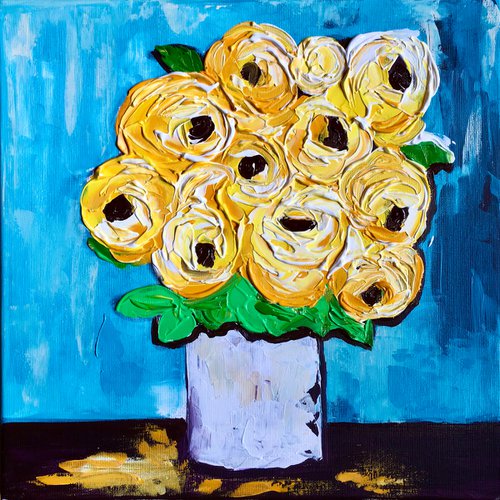 ABSTRACT BOUQUET OF Yellow Roses  #14 ( NAIVE COLLECTION)  palette  knife Original Acrylic painting office home decor gift by Olga Koval