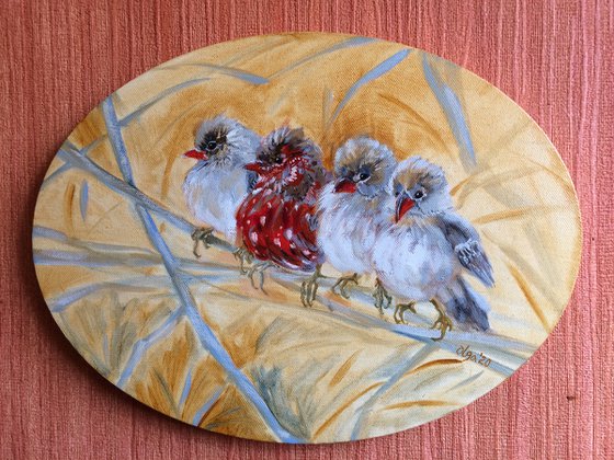 Bird oil painting - Small birds on the branches ellipse canvas - Christmas gift for bird lover