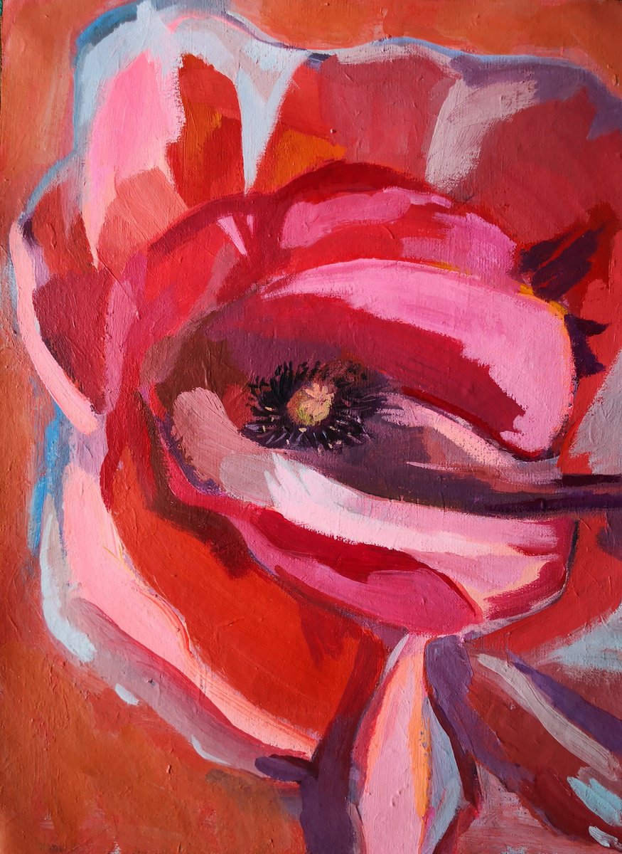 Expressive Botanical Acrylic Painting By Anyck Alvarez Kerloch, 14 X 19, Poppy, Original Artwork