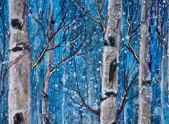 Winter Birch Trees -  Monochrome  in Blue Impasto Original Painting  (palette knife)