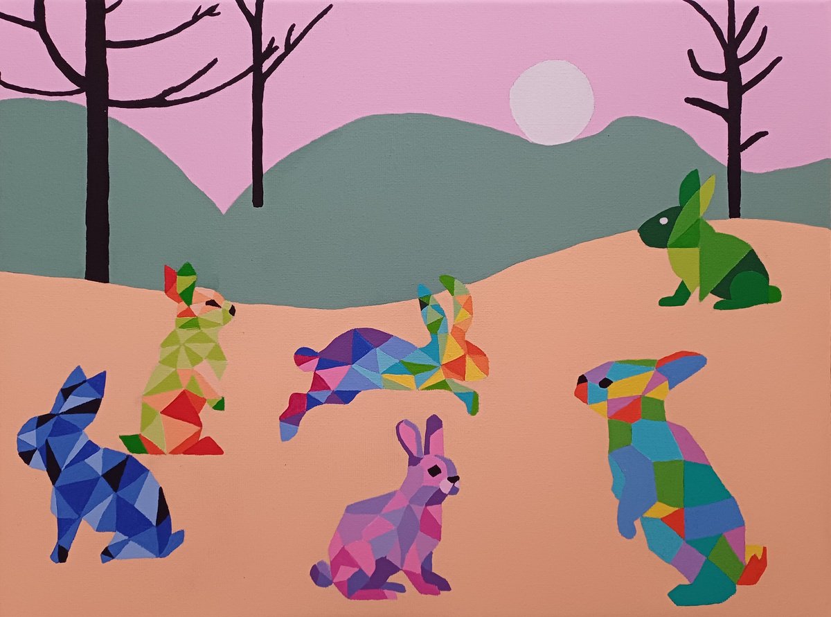 Geometric Animal Acrylic Painting By Corinne Hamer, 16 X 12, Rabbits, Original Artwork