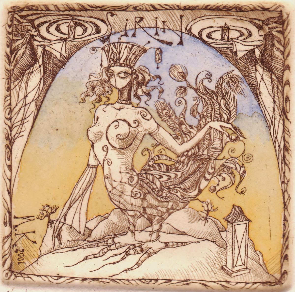 Surrealistic Animal Etchings & Engravings By Marina Korenfeld, 4 X 4", Sirin, Original Artwork