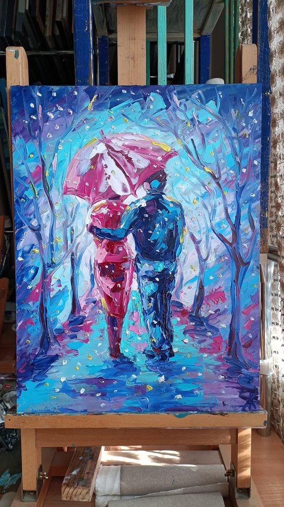 First snow - snow, people, winter, oil painting, snow landscape, love, couple of lovers, lovers