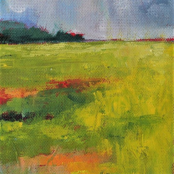 Grassland - textured semi abstract multicolour landscape oil painting