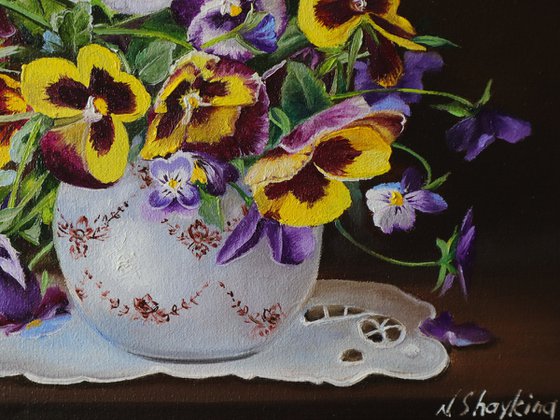 Pansies in a White Ceramic Vase