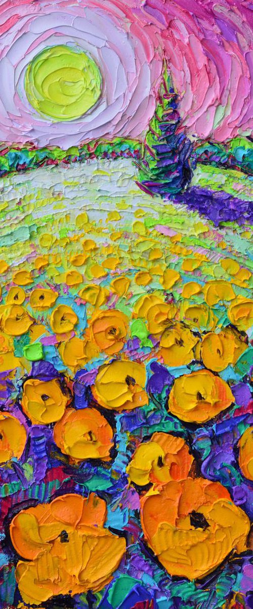 ORANGE POPPIES ROUNDSCAPE MYSTIC PINK NIGHT textural impressionist impasto palette knife oil painting by Ana Maria Edulescu by ANA MARIA EDULESCU