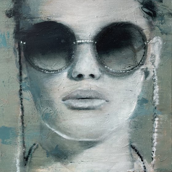 Kris | Beautiful model woman face portrait painted in oil on canvas framed painting blue green white grunge romantic by RKHercules