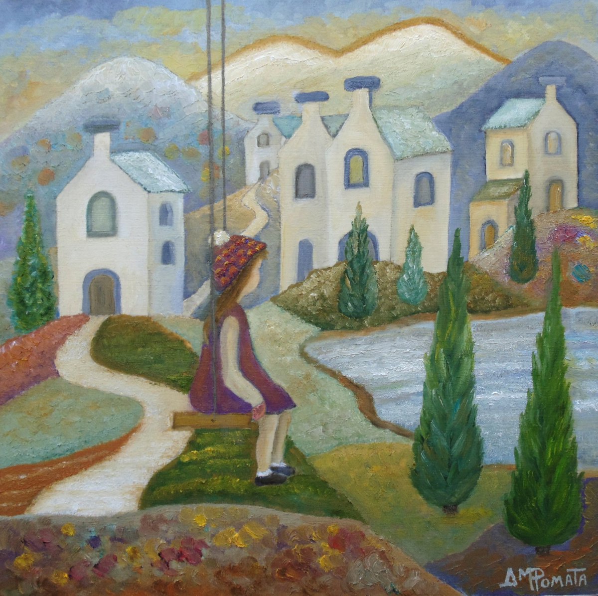 Impressionistic Landscape Oil Painting By Angeles M. Pomata, 8 X 8, Winter Recollections, Original Artwork