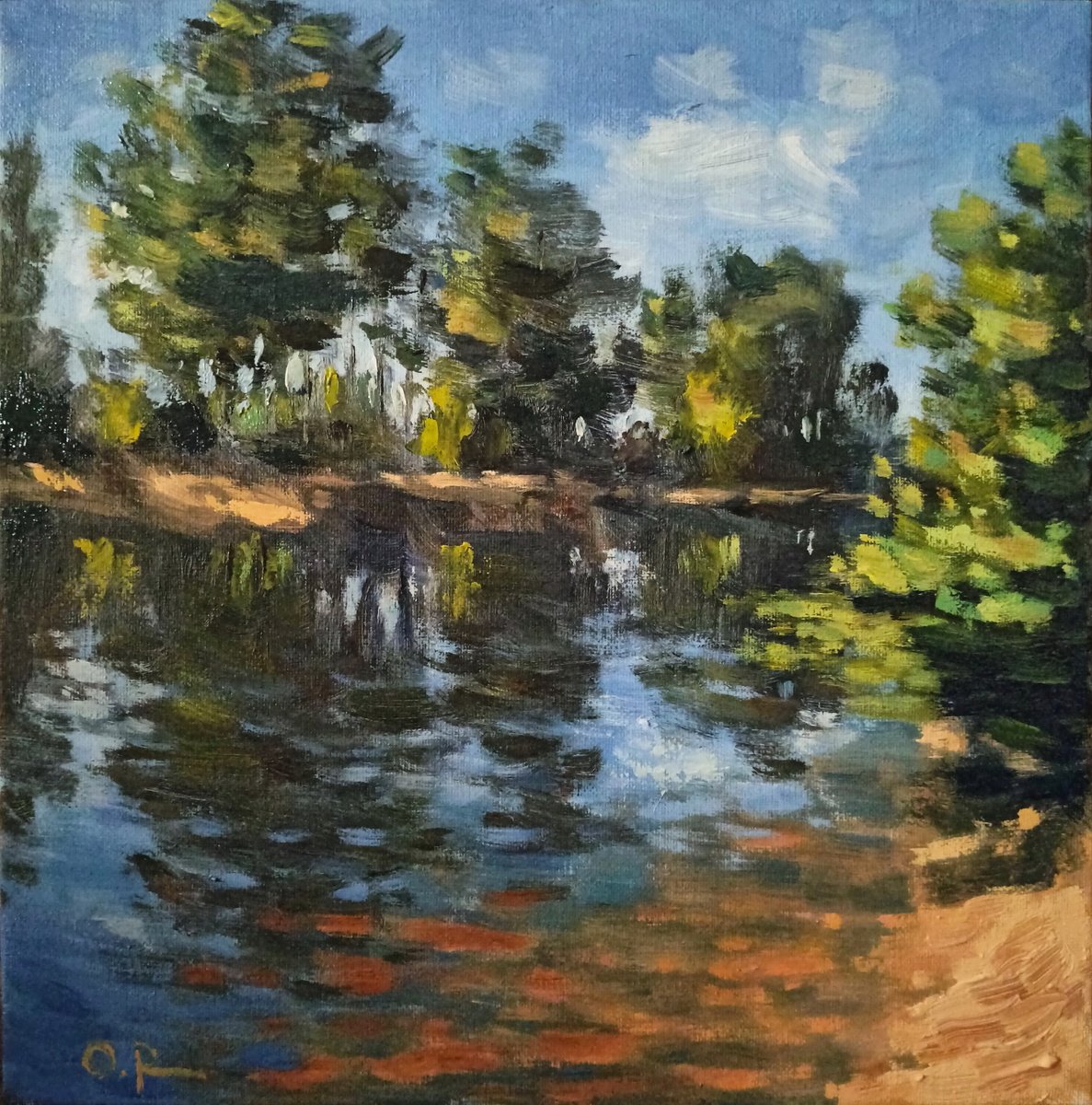Impressionistic Landscape Oil Painting By Oleh Rak, 12 X 12", Impression. By The River, Original Artwork