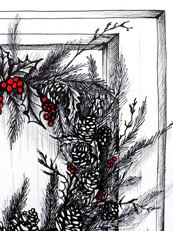 CHRISTMAS WREATH WITH A RED RIBBON