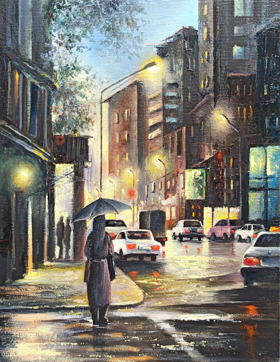 Cityscape (Oil painting, 24x30cm, impressionism, ready to hang, palette knife painting) by Sergei Miqaielyan