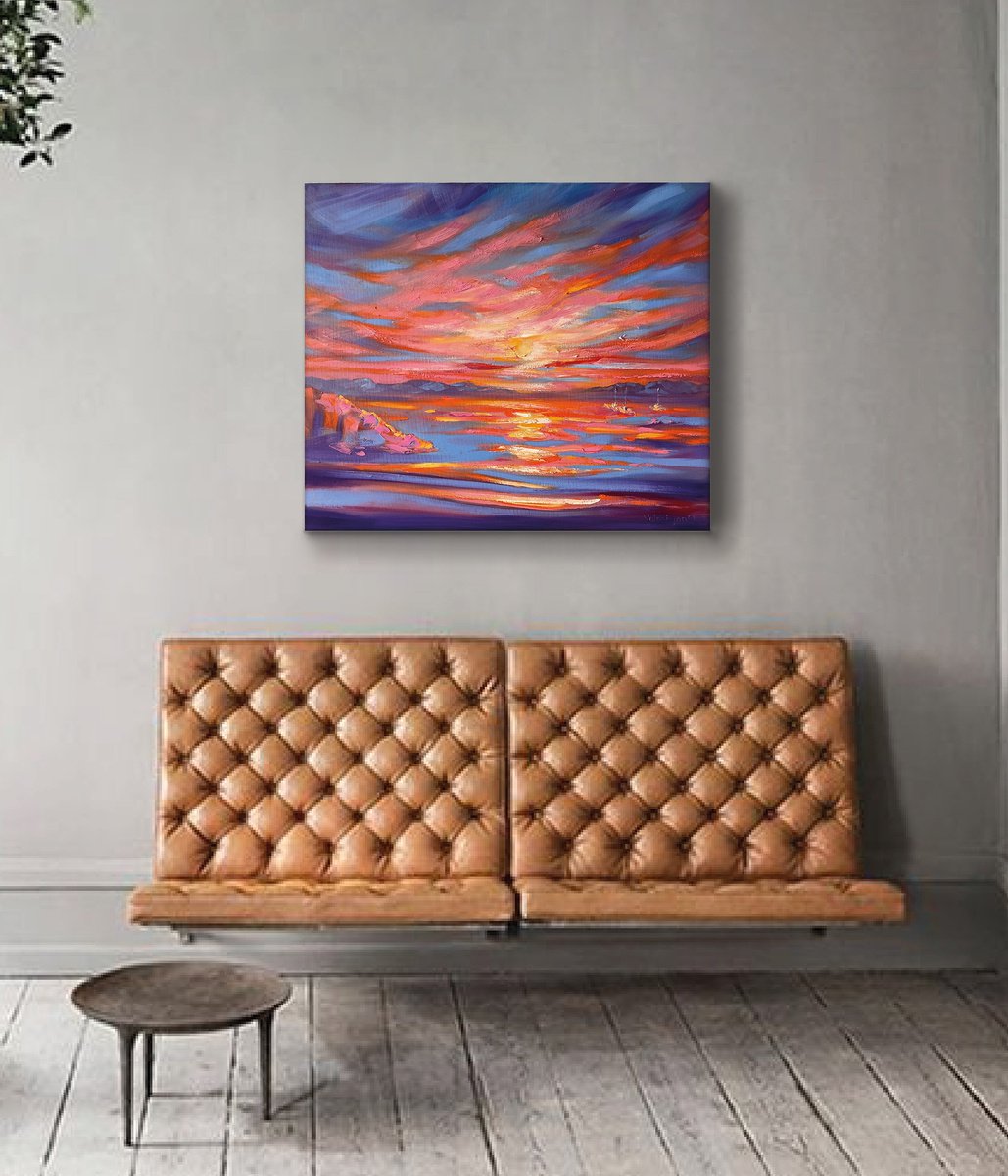 Impressionistic Landscape Oil Painting By Mary Voloshyna, 28 X 24", Bright Sunset, Original Artwork