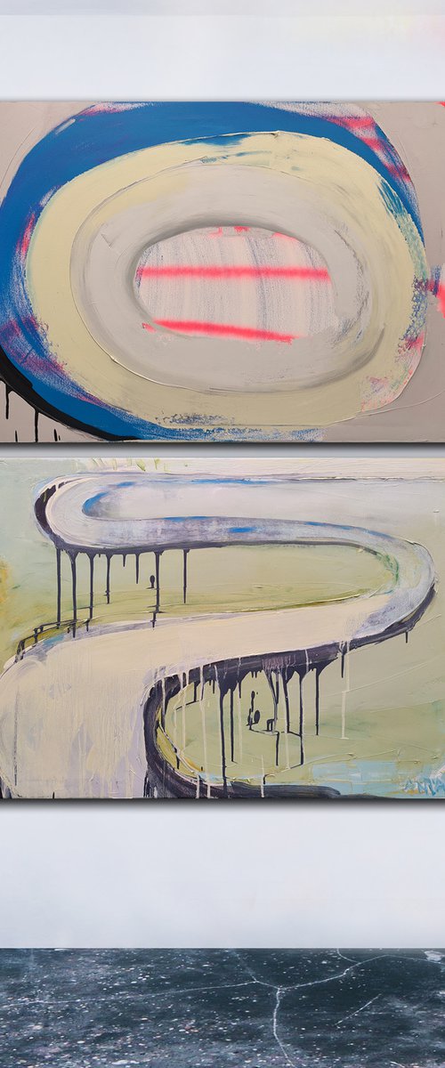 Oil painting, canvas art, stretched, "My way 15". Size: diptych 2x 39,4/ 27,6 inches (2x100/70cm). by Kariko ono