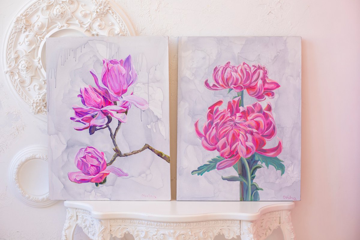 Diptych Pink Flowers by Olga Volna