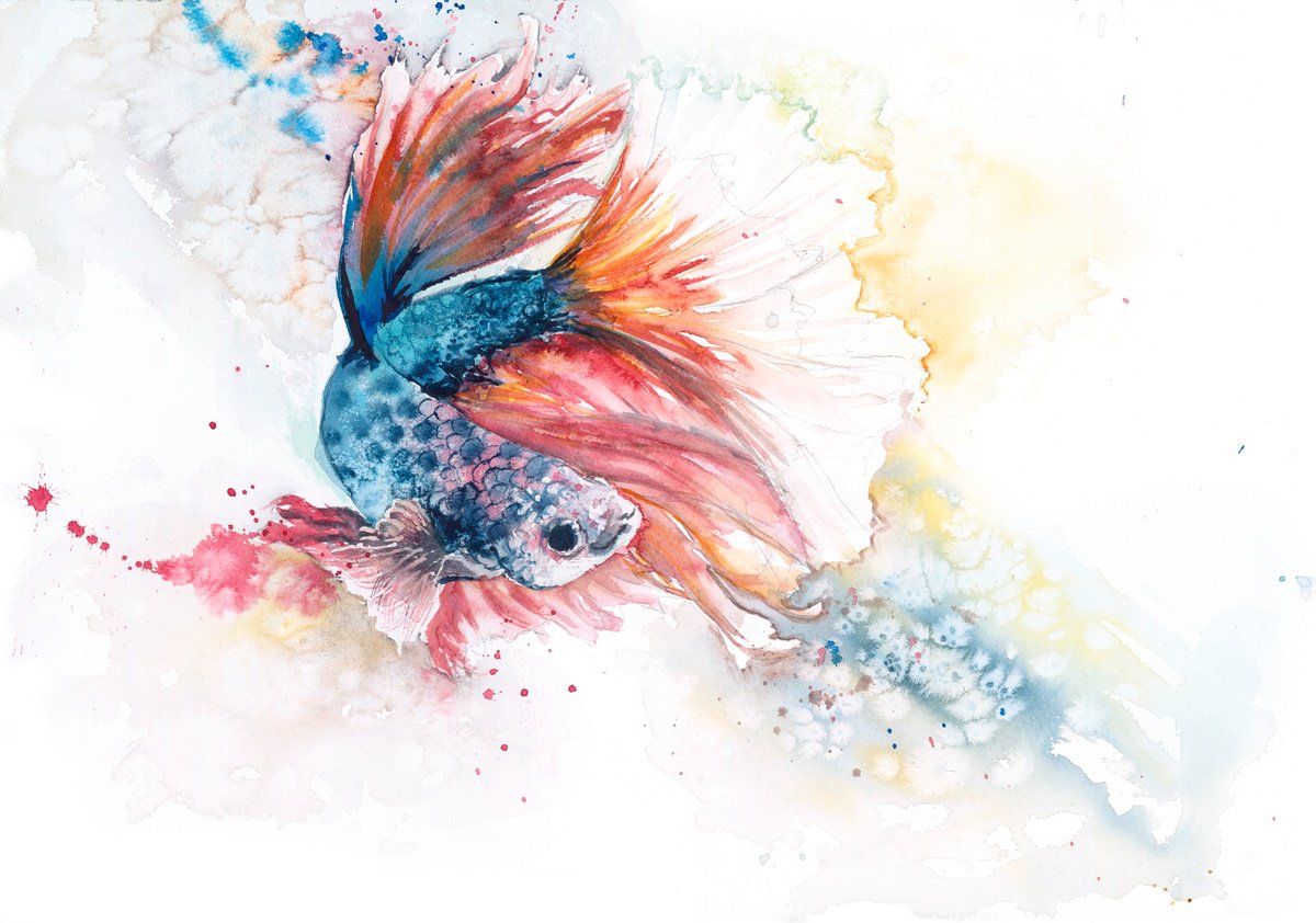 Expressive Animal Watercolour By Natalie Bowden, 20 X 14", Siamese Fighter Iv, Original Artwork