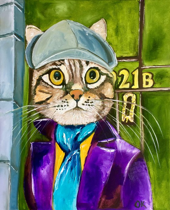 Troy The  Cat- Sherlock Holmes  Baker  Street 221 B   oil painting for cat lovers.