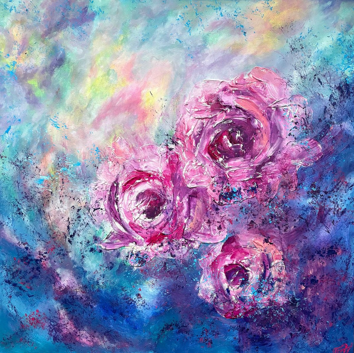 Abstract Botanical Acrylic Painting By Tetiana Pchelnykova, 31 X 31", Rising Roses, Original Artwork