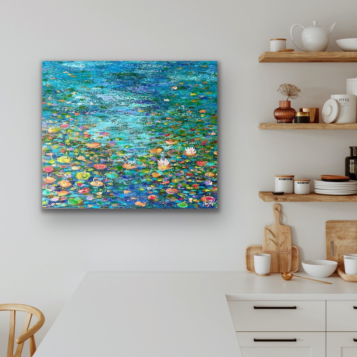 Impressionistic Botanical Acrylic Painting By Pooja Verma, 35 X 30", Waterlily Pond - Blue Haven, Original Artwork