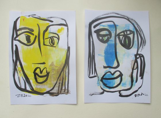 2 girls portraits in yellow and blue 8,2 x 5,9 inch unique mixedmedia drawing