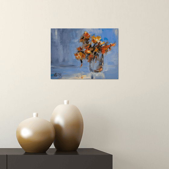Autumn flowers. Original oil painting on paper. Small blue orange interior detail