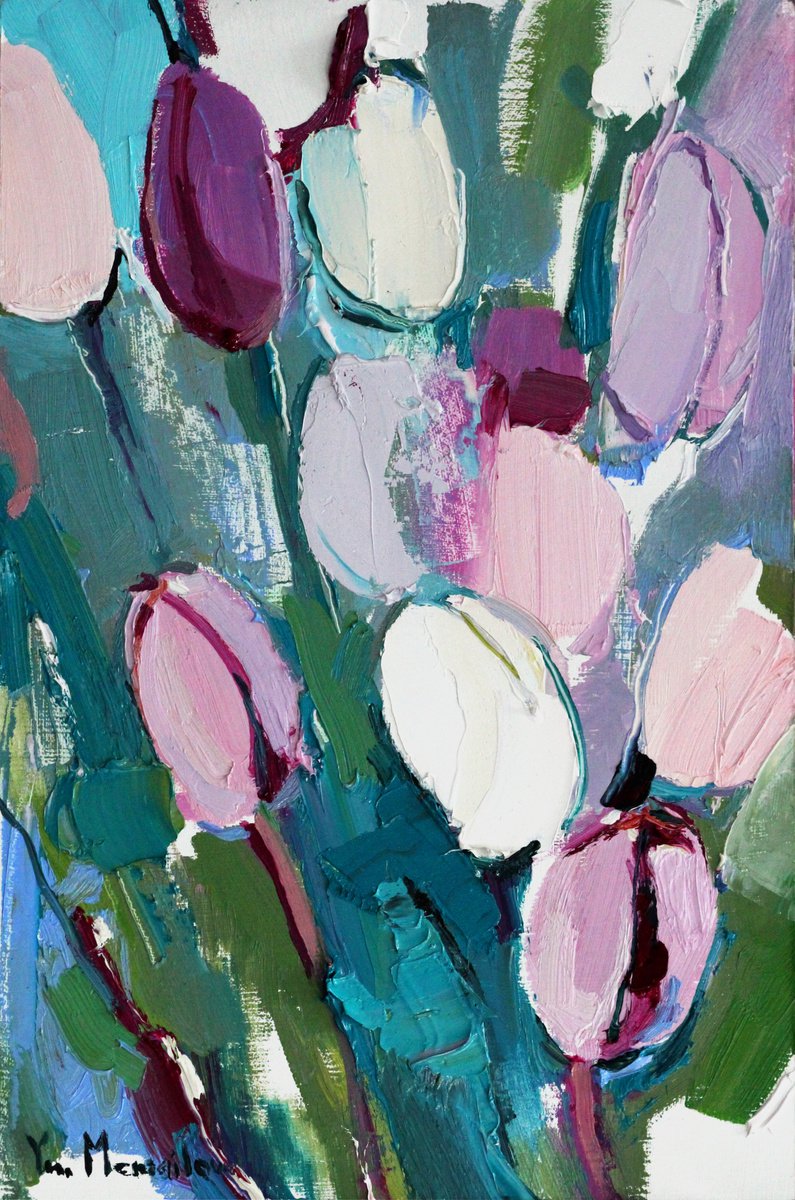 Pink white tulips by Yuliia Meniailova