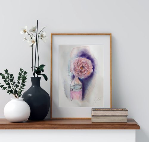 Shining pink rose on violet - mixed media by Liliya Rodnikova