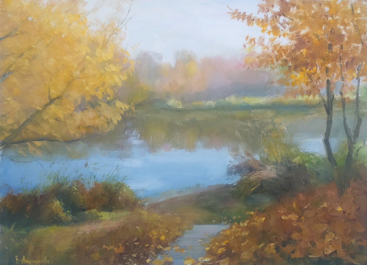 Impressionistic Landscape Oil Painting By Valentina Andrukhova, 22 X 16", Golden Autumn, Original Artwork