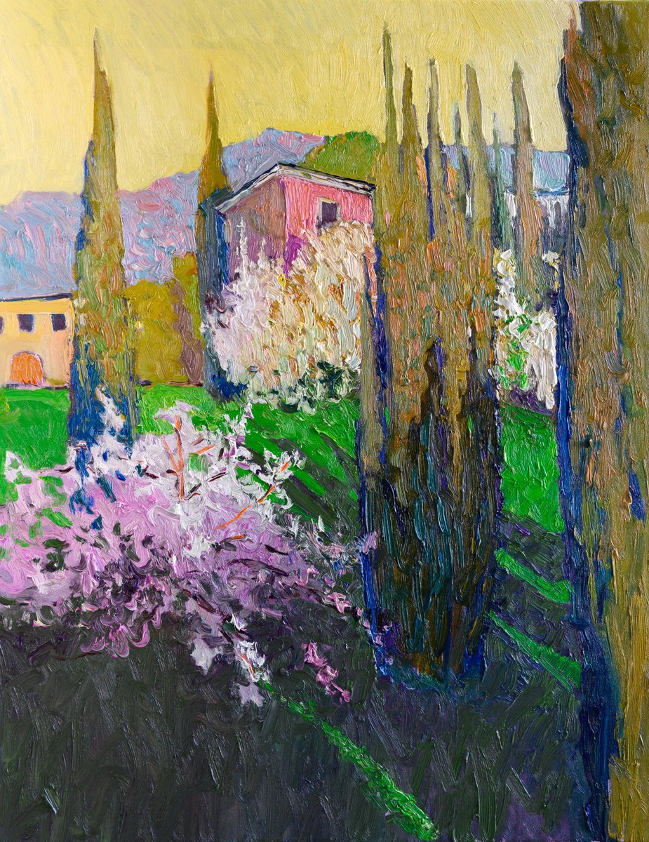 Expressive Landscape Oil Painting By Suren Nersisyan, 22 X 28", Mediterranean Spring, Original Artwork