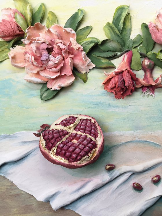 With Renewed Vigor - beautiful pomegranate bloom still life, original textured wall relief , decor, bas relief, home decor, gift idea, red, green 60x40x5 cm