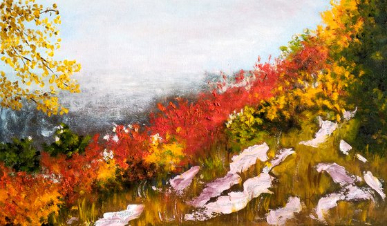 Vermont Painting Landscape Original Art Mountains Oil Impasto Artwork Fall Foliage Home Wall Art 20 by 12" by Halyna Kirichenko