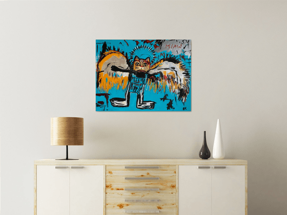 81x61cm Cat La Fallen Angel version of famous painting by Jean-Michel Basquiat