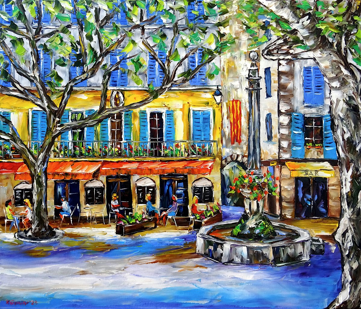 Expressive Cityscapes Oil Painting By Mirek Kuzniar, 28 X 24", Summer In Bargemon, Original Artwork