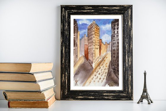 NYC Painting New York Original Art Cityscape Watercolor Artwork Small Wall Art 8 by 12" by Halyna Kirichenko